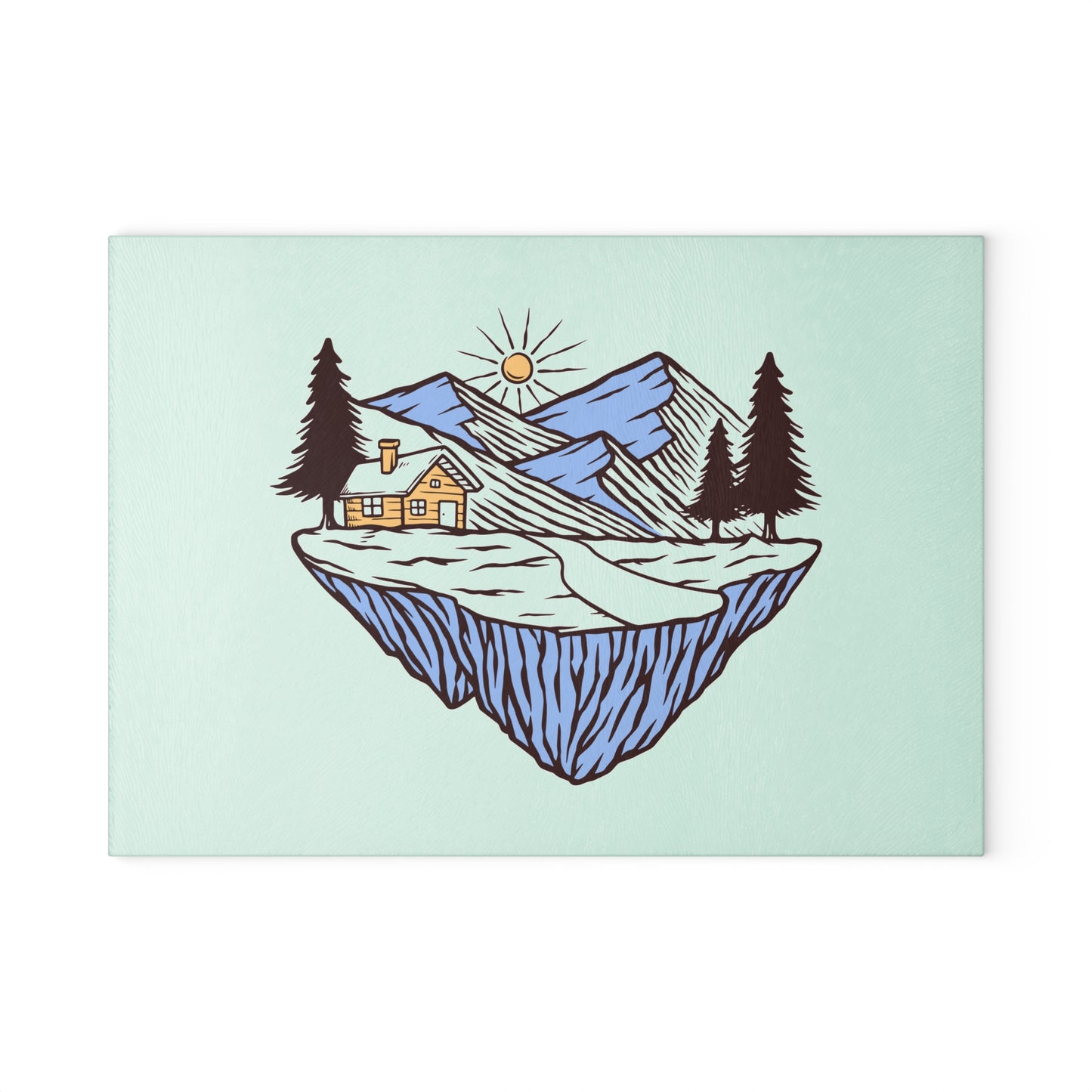 Floating Cabin Mountain Glass Cutting Board with Cozy Nature Illustration
