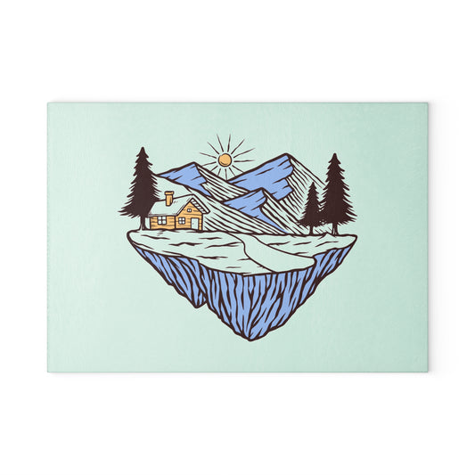 Floating Cabin Mountain Glass Cutting Board with Cozy Nature Illustration