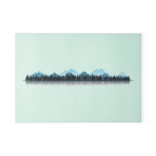 Minimal Mountain Landscape Glass Cutting Board - Calm Nature Kitchen Board, Modern Forest Kitchen Decor