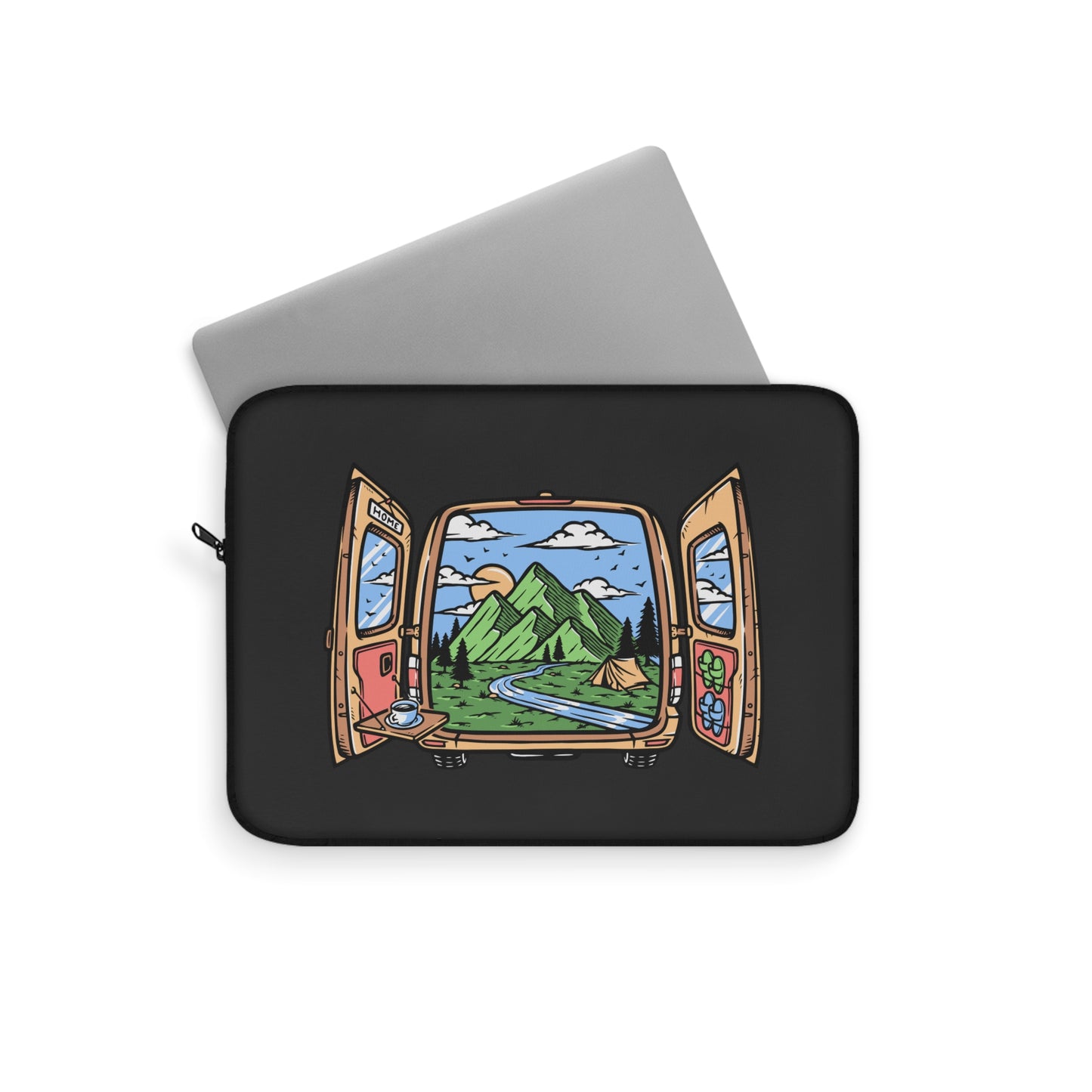 Van Life Laptop Sleeve - Camper Van Open Doors Mountain Design Protective Case for Digital Nomads & Road Trip Lovers