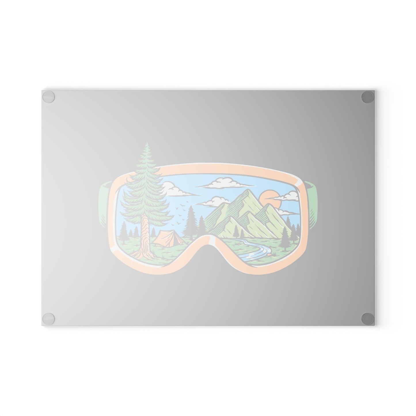 Mountain View Goggles Glass Cutting Board with Camping Nature Scene