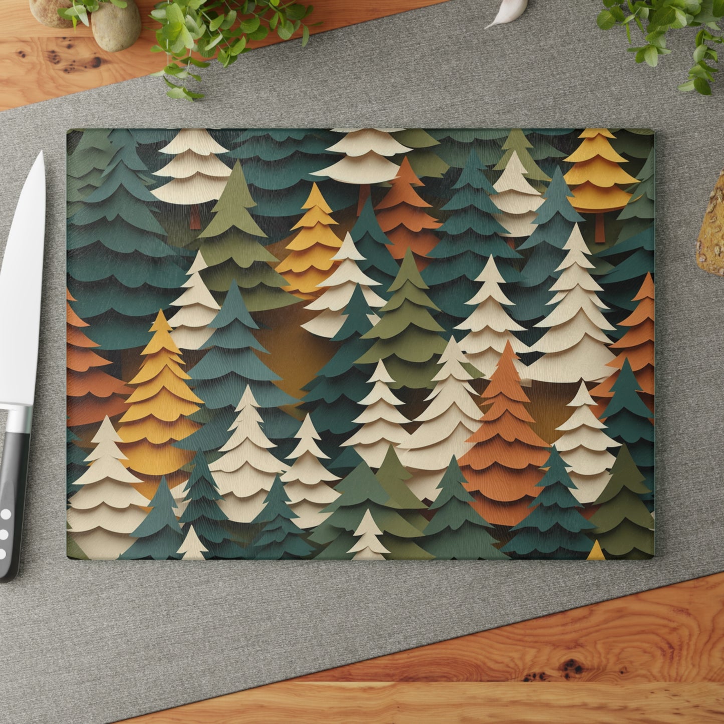 Forest Pattern Glass Cutting Board - Cozy Woodland Kitchen Decor