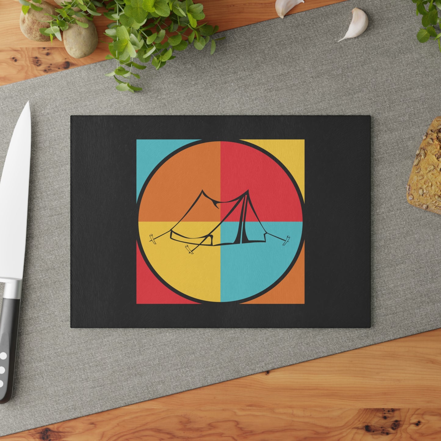 Minimal Camping Tent Glass Cutting Board with Retro Color Nature Design