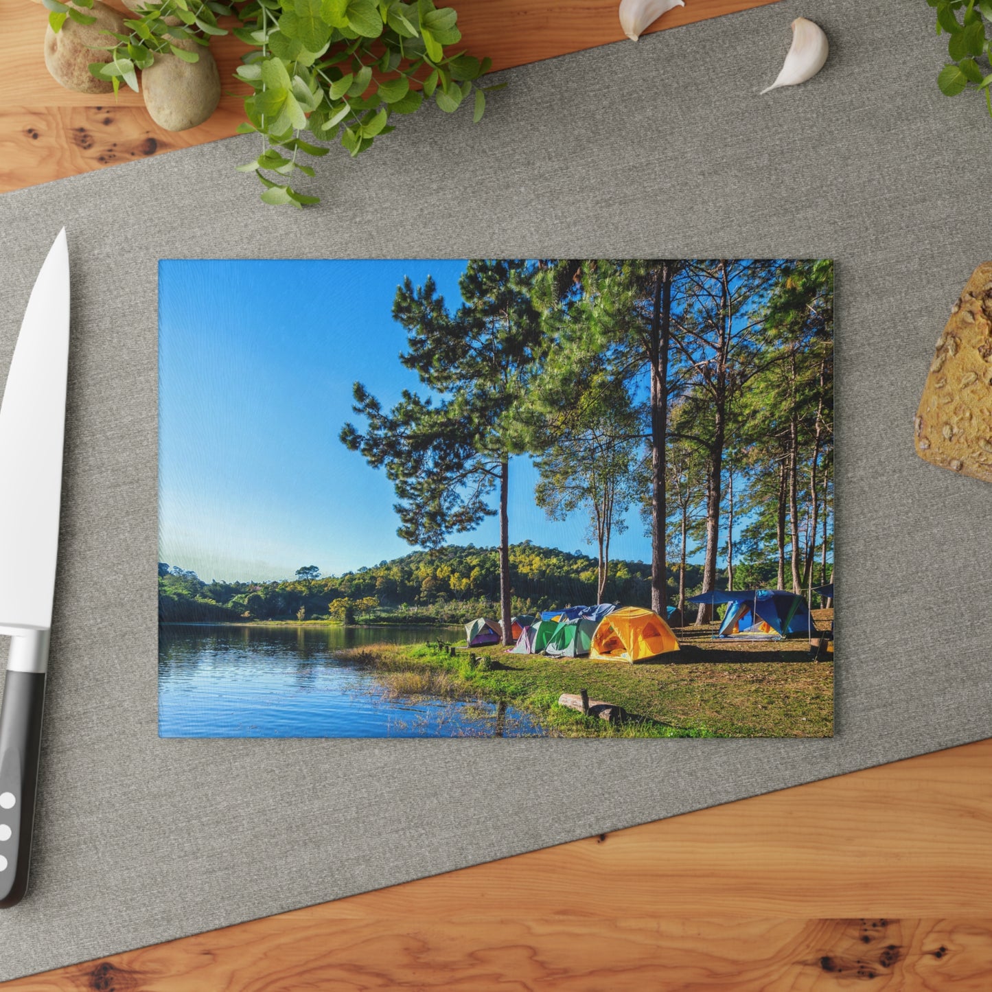 Lakeside Camping Morning Glass Cutting Board with Forest Nature Scene