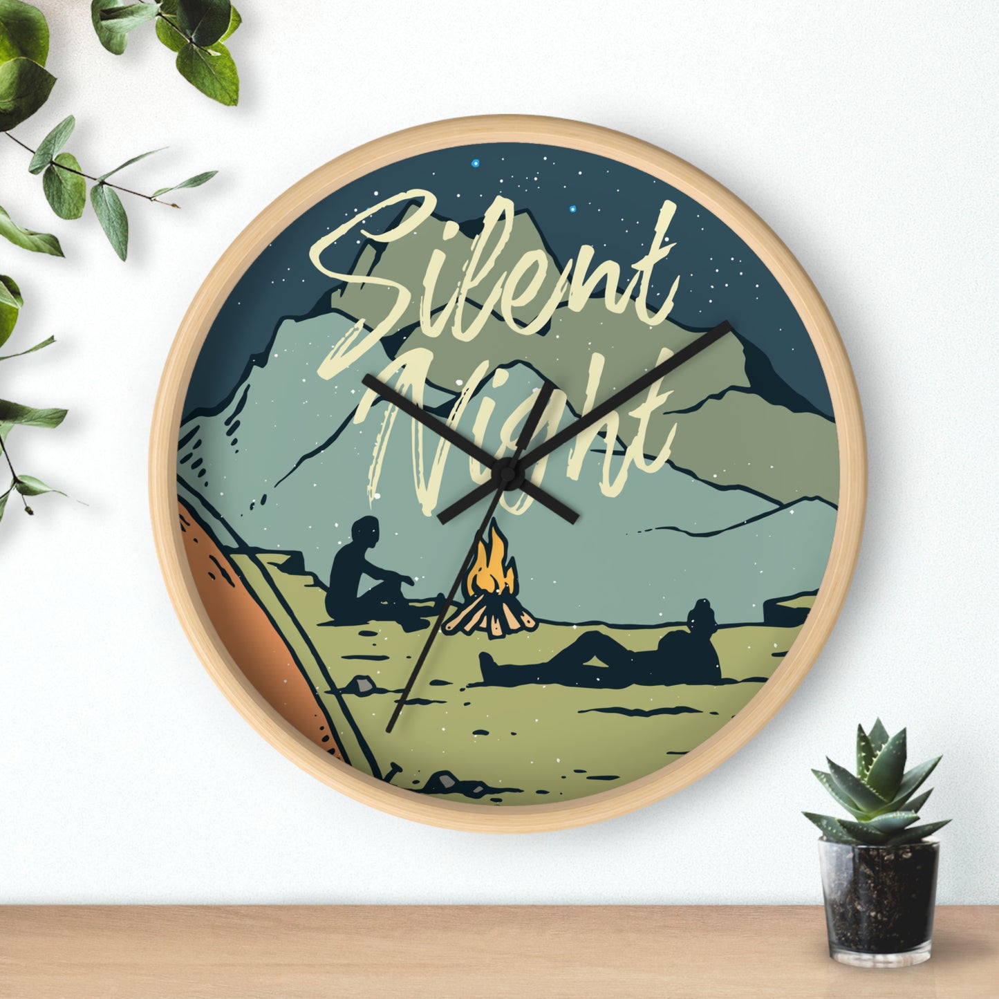 Silent Night Wall Clock - Cozy Nature Home Decor with Campfire and Mountain Scene