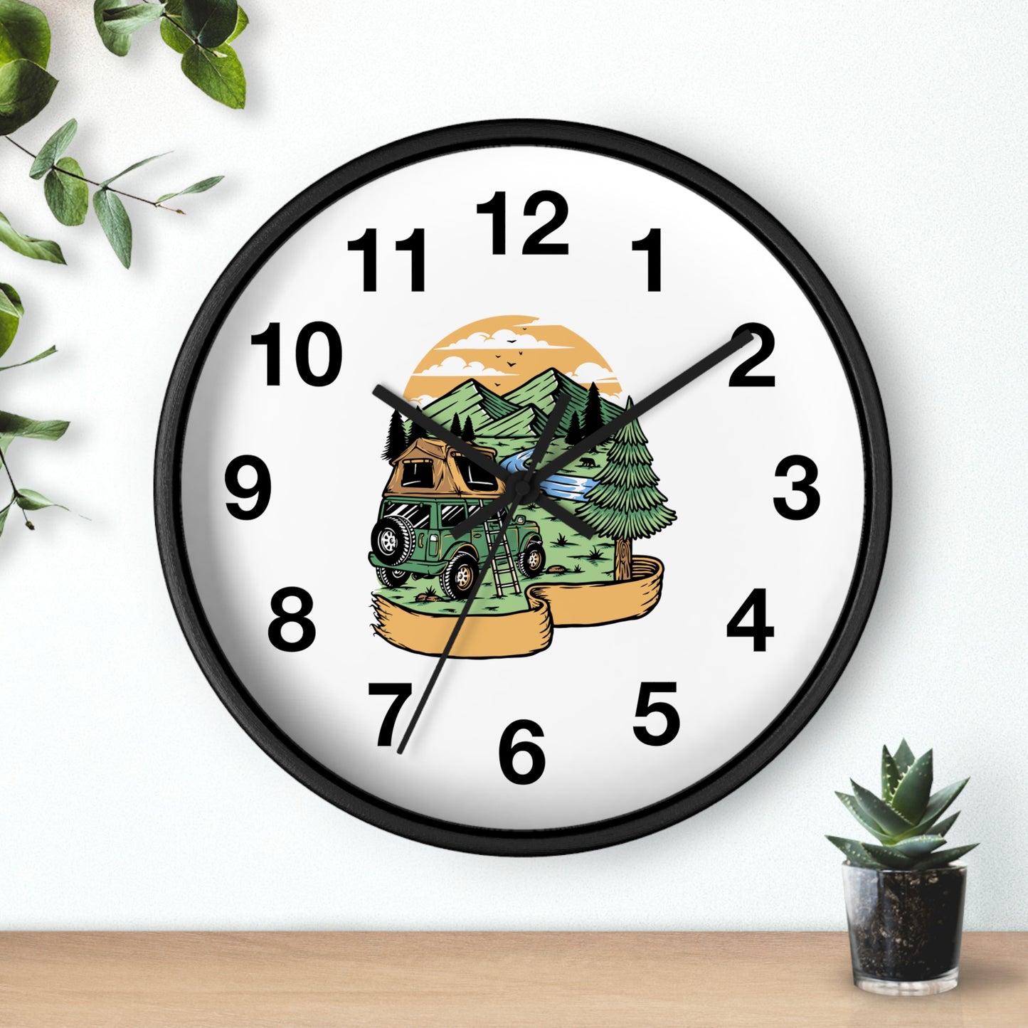 Camping Adventure Wall Clock with Van and Mountain Nature Illustration
