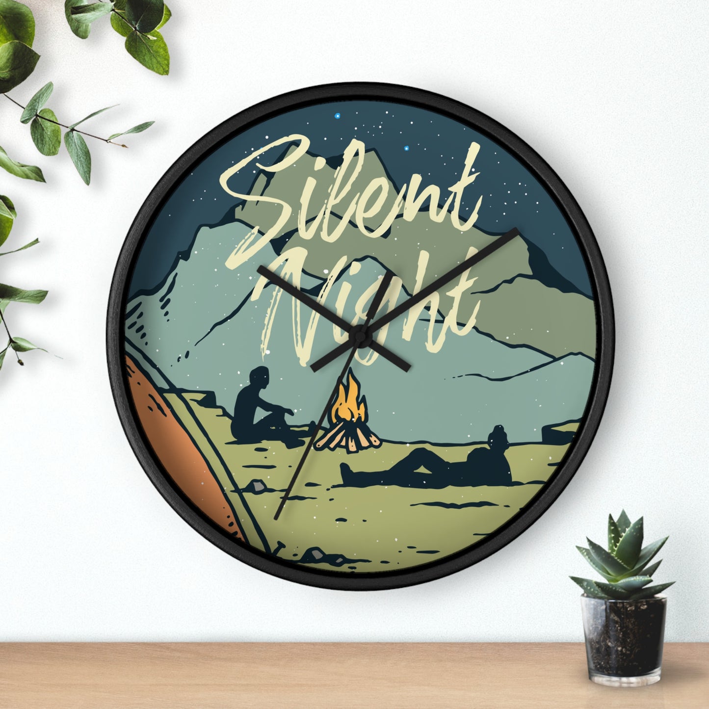 Silent Night Wall Clock - Cozy Nature Home Decor with Campfire and Mountain Scene