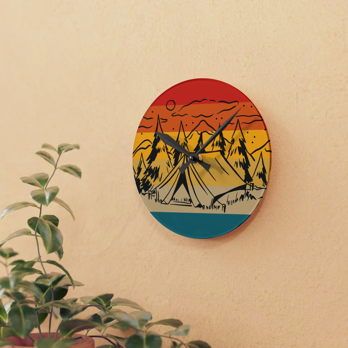 Sunset Camping Acrylic Wall Clock - Modern Nature Home Decor with Minimal Outdoor Art