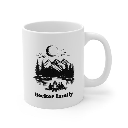 Personalized Family Camping Mug - Custom Surname Night Campfire Mountain Coffee Cup