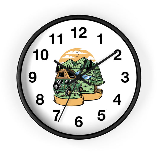 Camping Adventure Wall Clock with Van and Mountain Nature Illustration