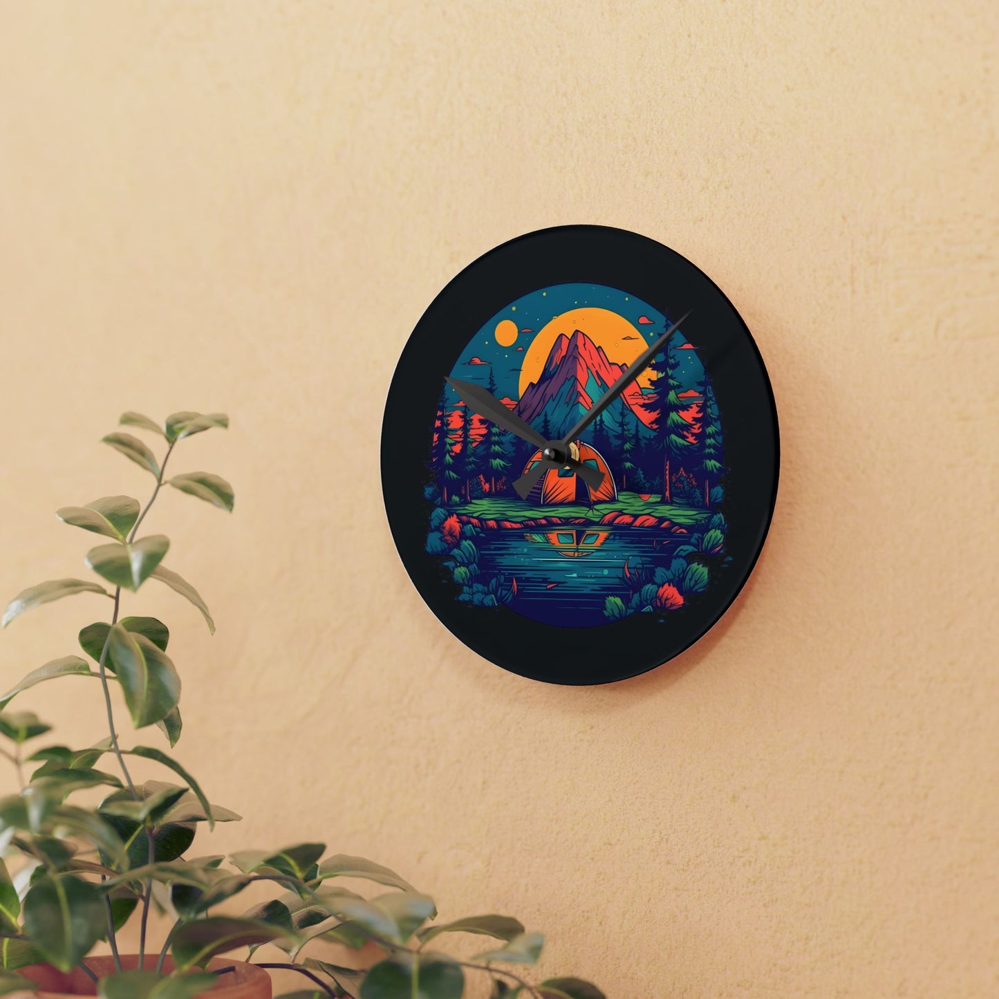 Moonlit Mountain Camping Acrylic Wall Clock - Modern Nature Home Decor with Lake Scene