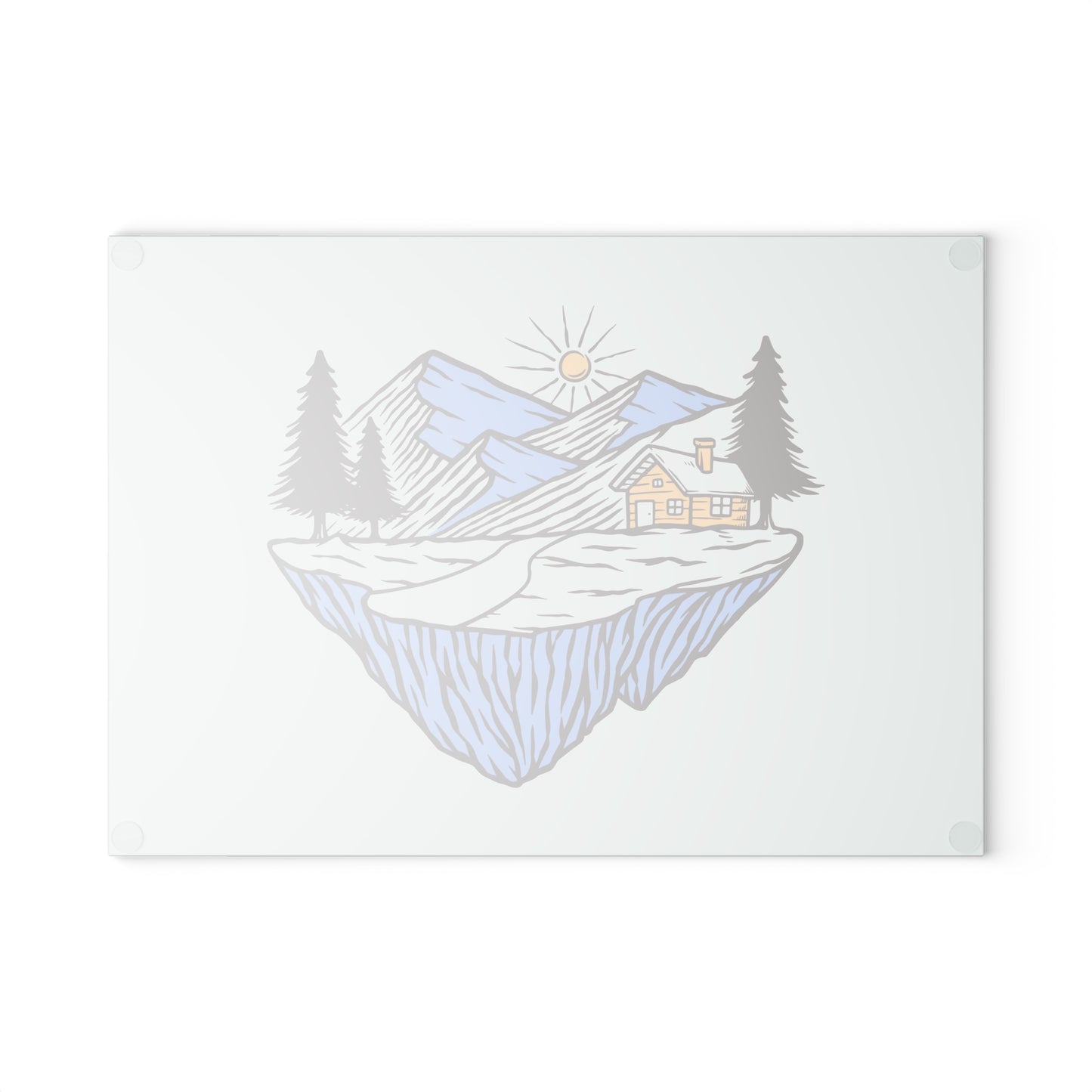 Floating Cabin Mountain Glass Cutting Board with Cozy Nature Illustration