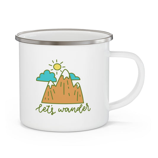 Lets Wander Enamel Camping Mug - Mountain Adventure Coffee Cup, Outdoor Travel Mug
