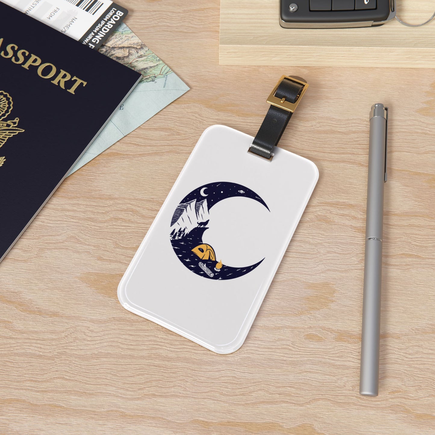 Moonlit Camping Luggage Tag with Night Mountain Nature Illustration