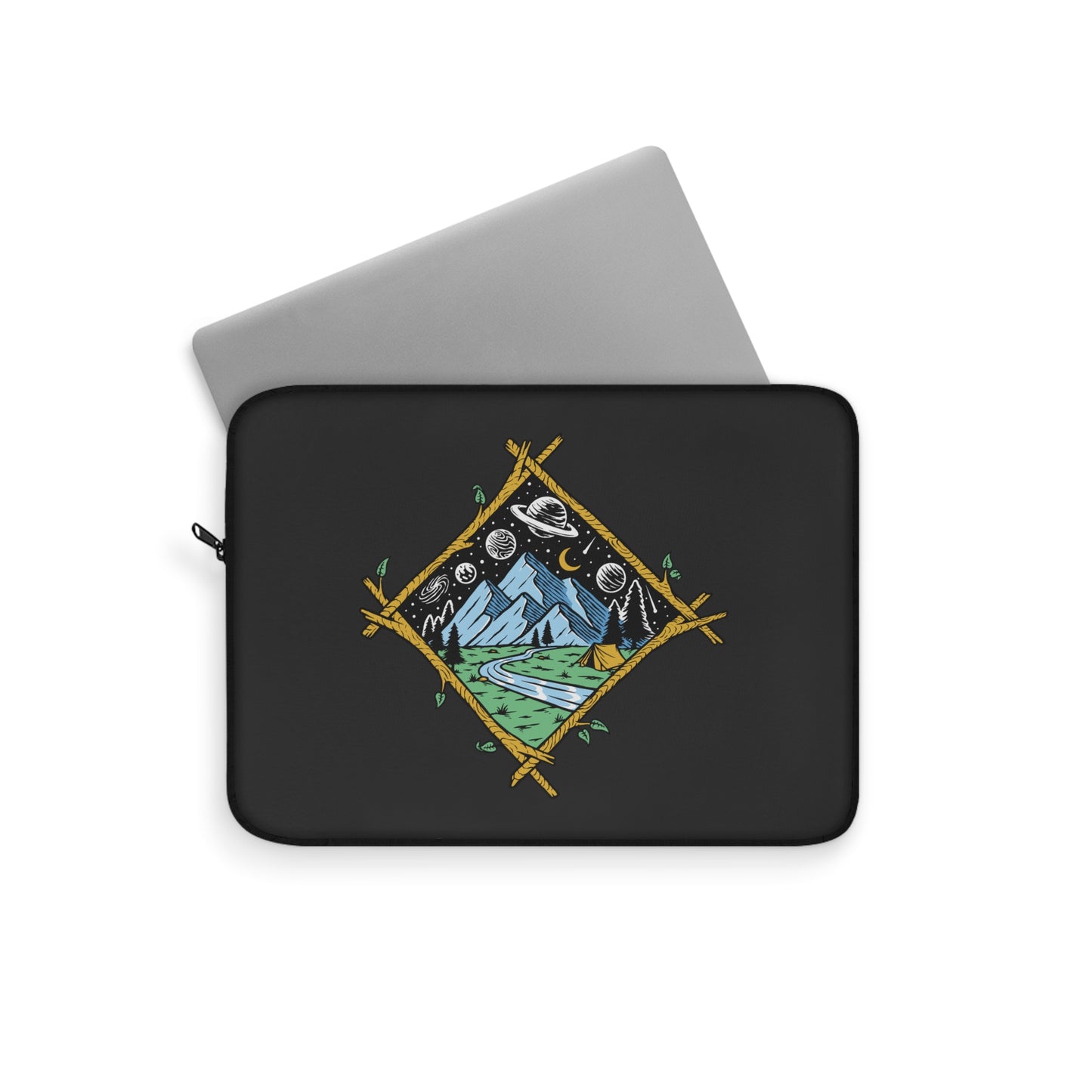 Cosmic Mountain Night Laptop Sleeve with Camping Illustration