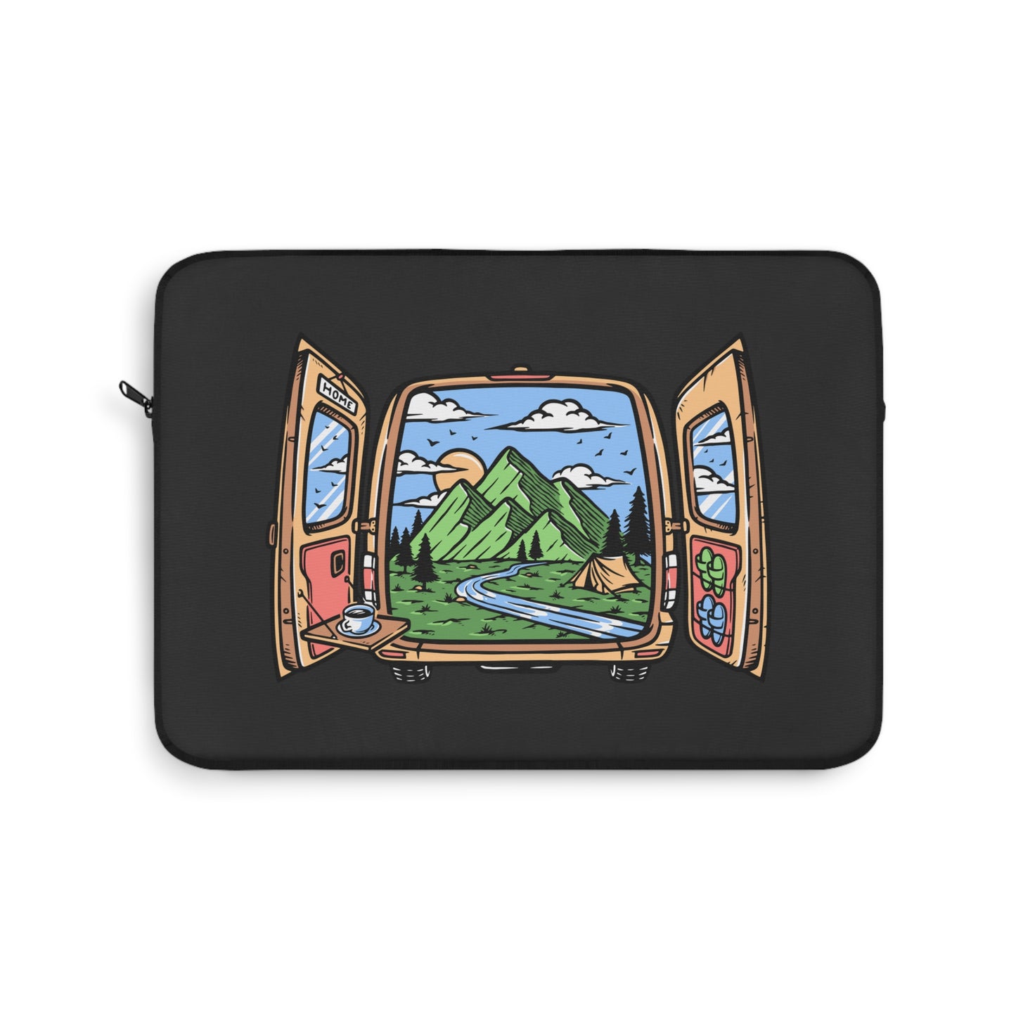 Van Life Laptop Sleeve - Camper Van Open Doors Mountain Design Protective Case for Digital Nomads & Road Trip Lovers
