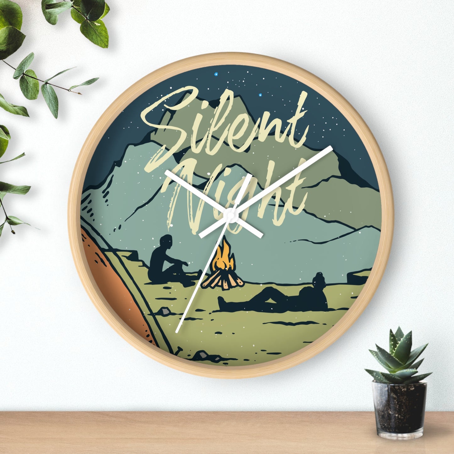 Silent Night Wall Clock - Cozy Nature Home Decor with Campfire and Mountain Scene