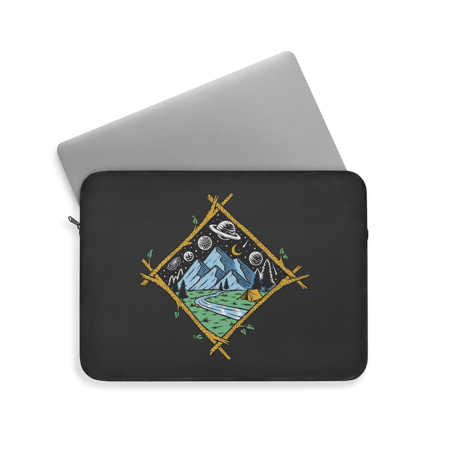 Cosmic Mountain Night Laptop Sleeve with Camping Illustration