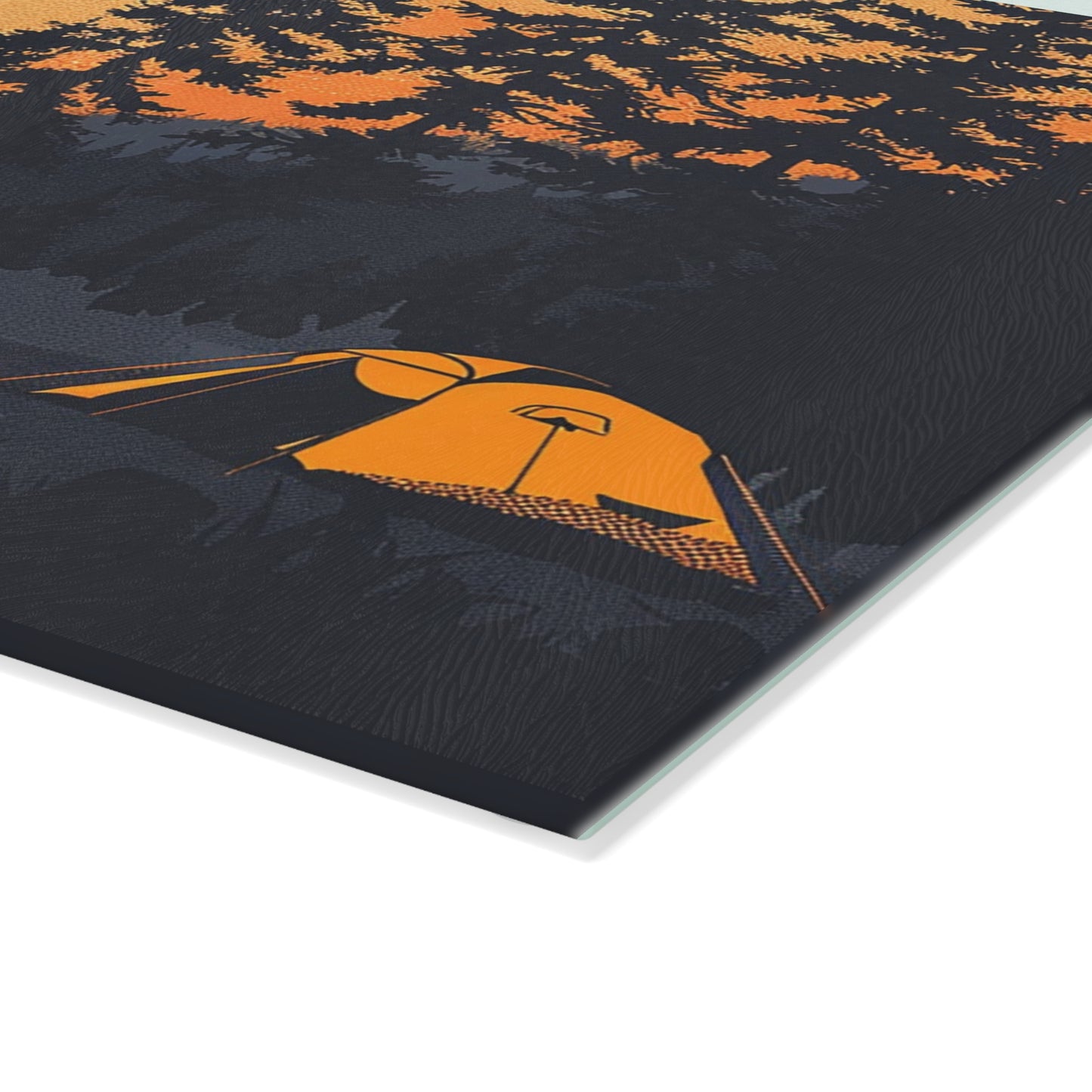 Camping Sunset Glass Cutting Board - Forest Campfire Kitchen Board, Outdoor Adventure Kitchen Decor