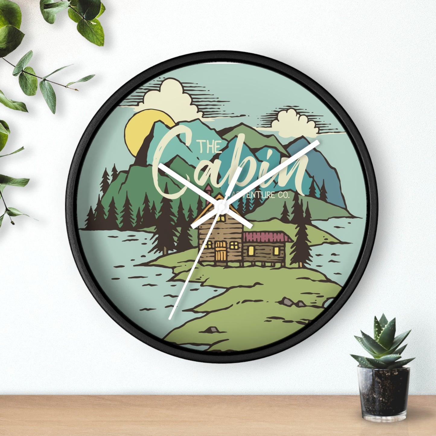 Cabin by the Lake Wall Clock - Cozy Nature Home Decor with Calm Mountain Illustration