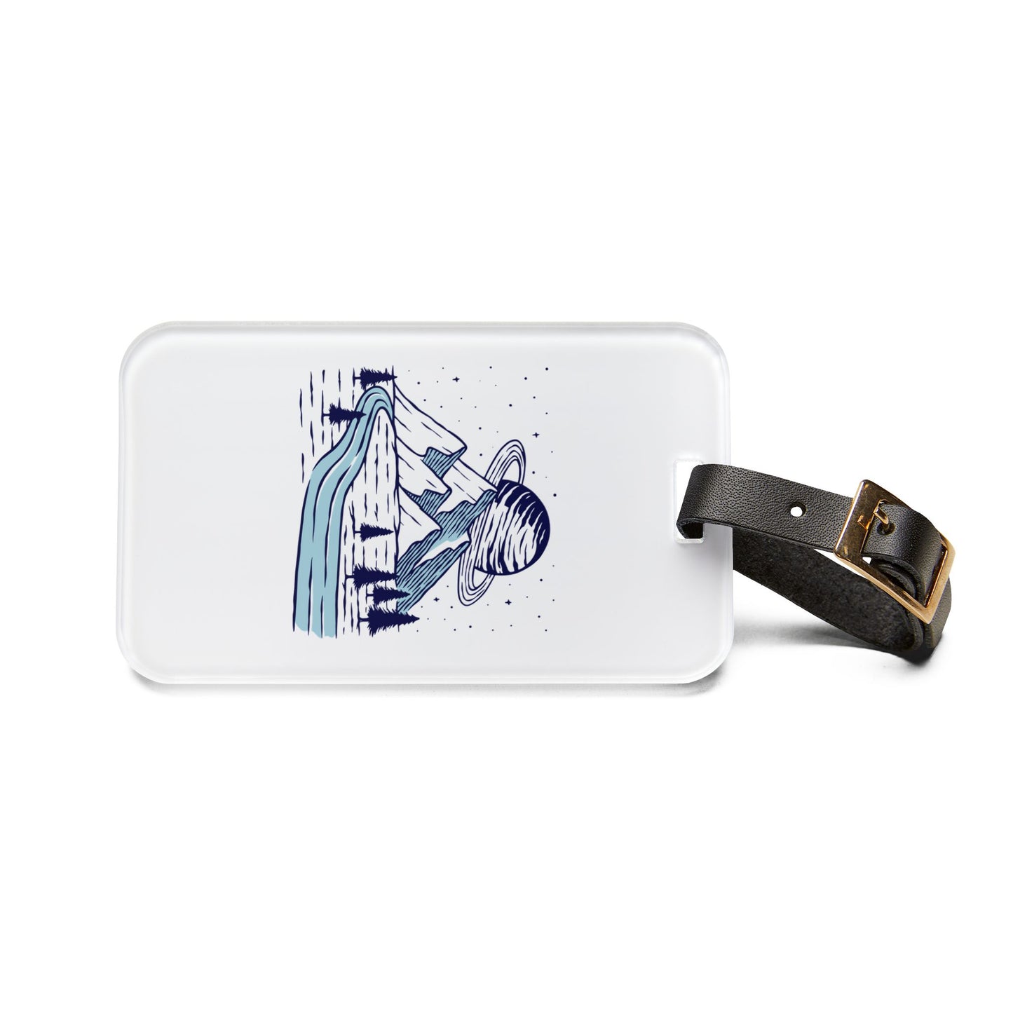 Cosmic Mountain River Luggage Tag with Night Nature Illustration