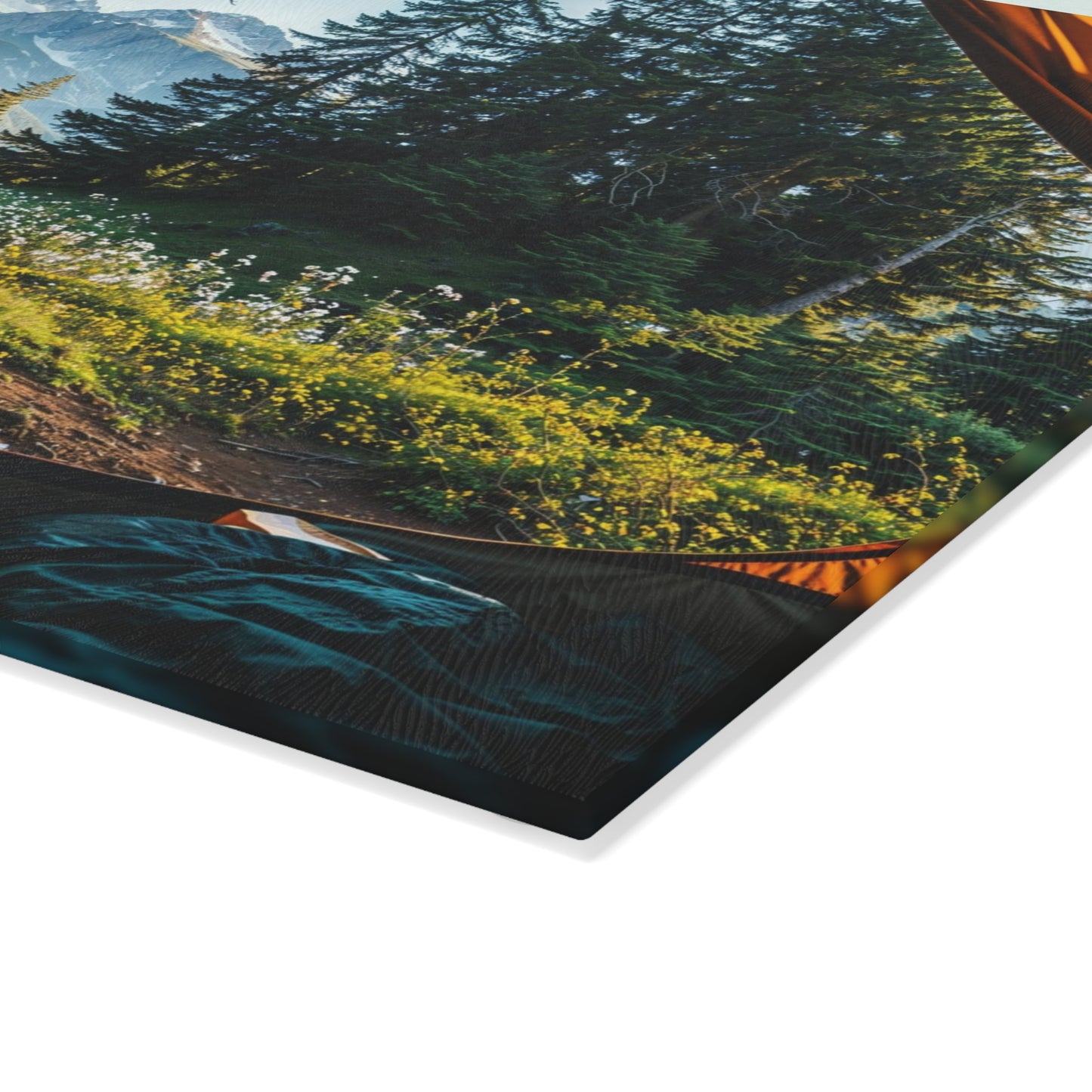Mountain Morning View Glass Cutting Board with Forest Camping Scene