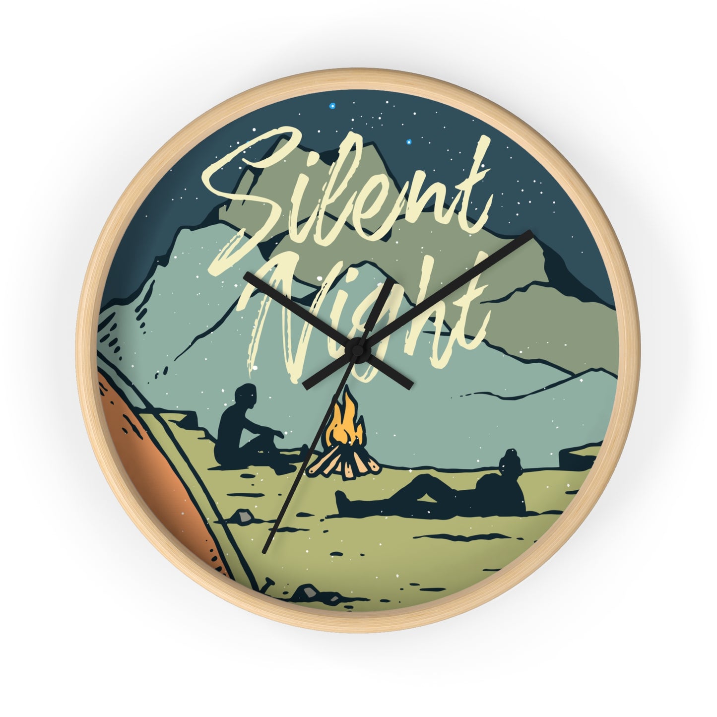 Silent Night Wall Clock - Cozy Nature Home Decor with Campfire and Mountain Scene
