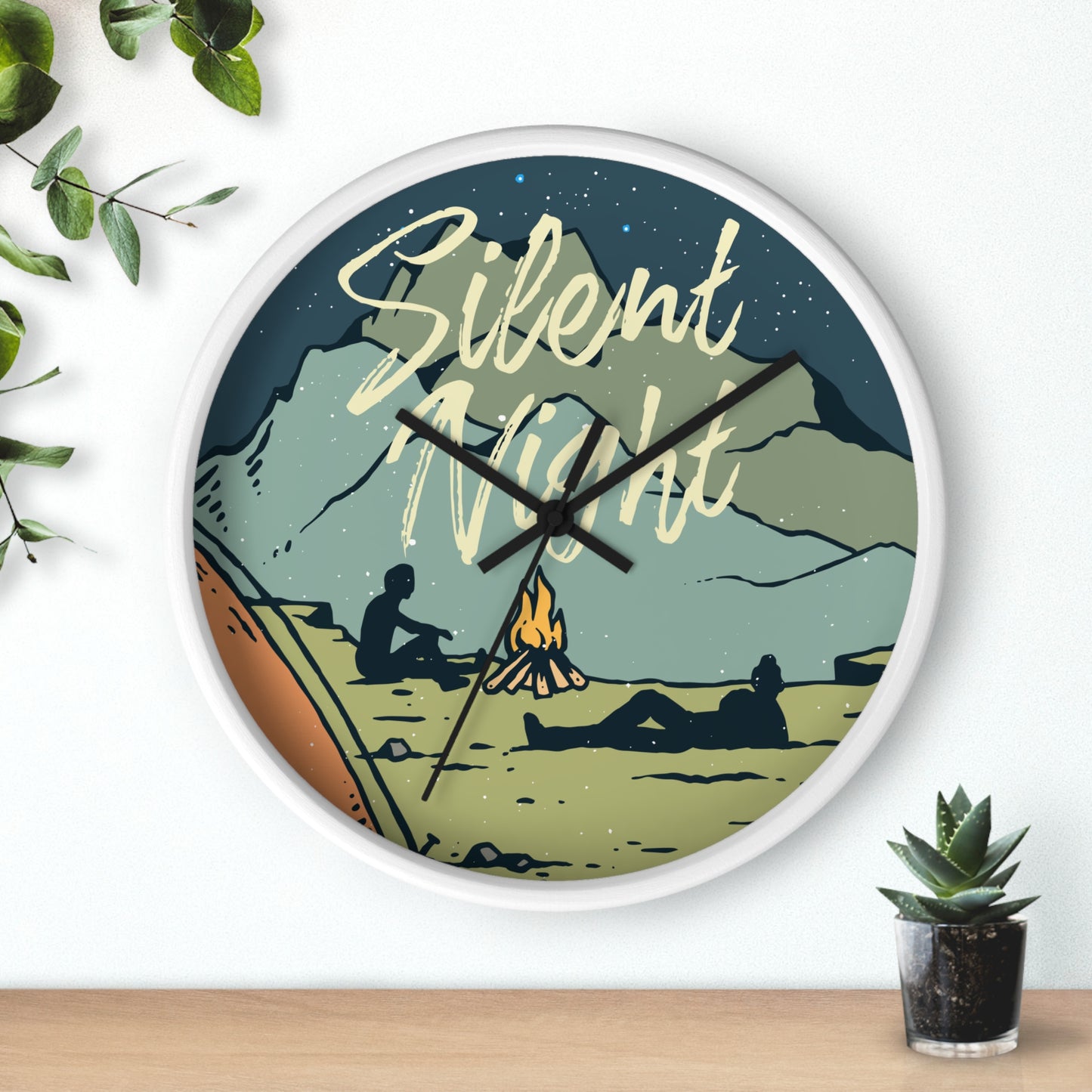 Silent Night Wall Clock - Cozy Nature Home Decor with Campfire and Mountain Scene