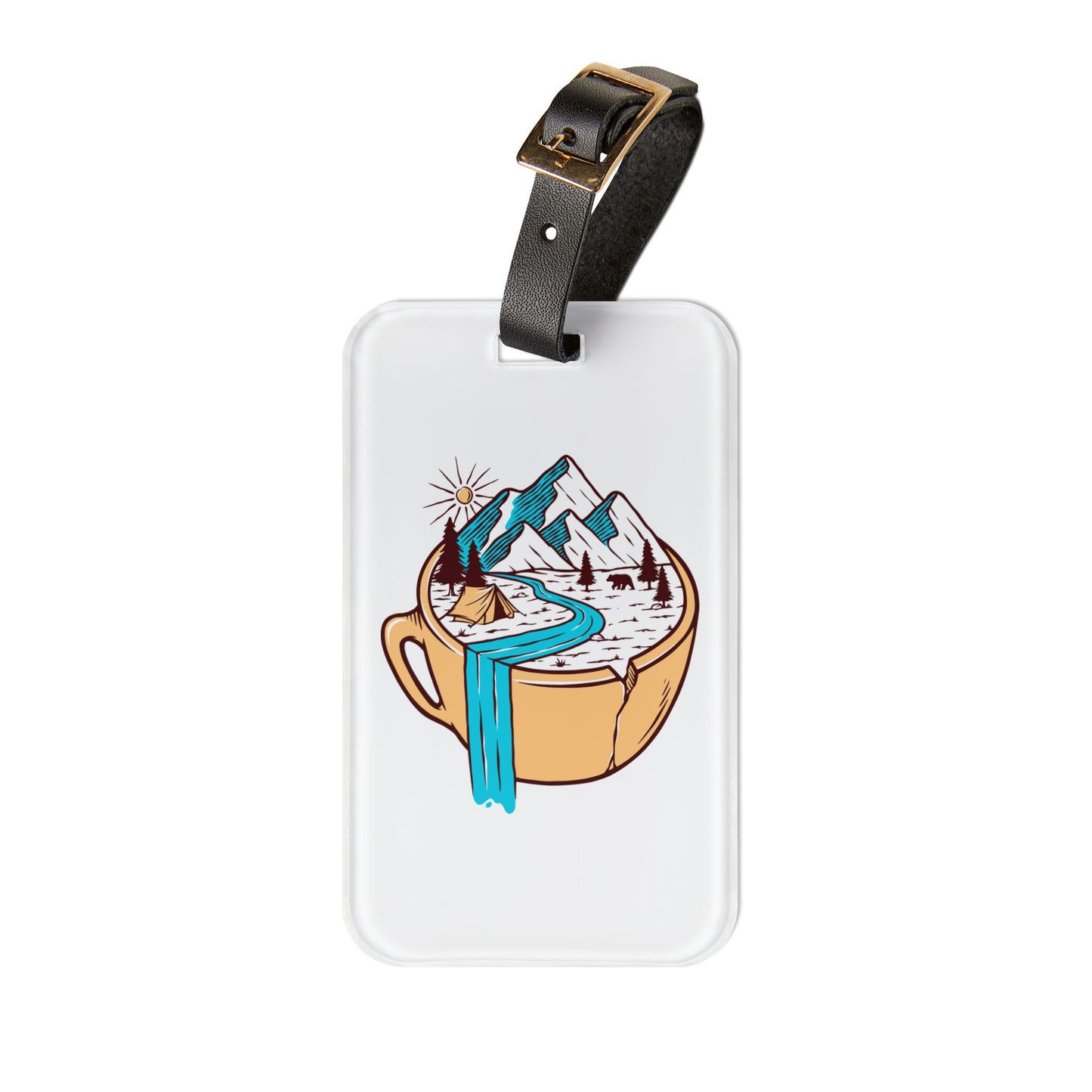 Mountain Coffee Adventure Luggage Tag with Camping Nature Illustration