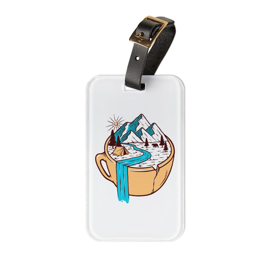 Mountain Coffee Adventure Luggage Tag with Camping Nature Illustration