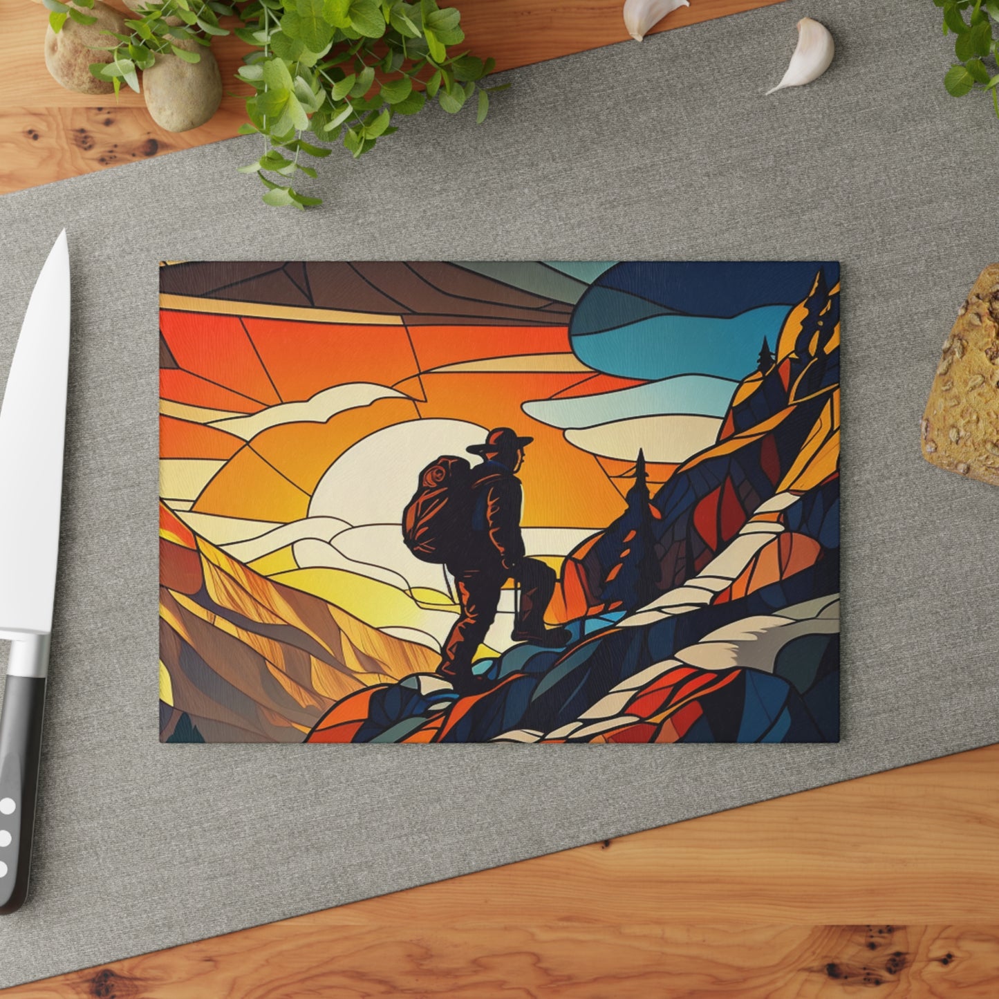 Mountain Hiker Glass Cutting Board - Adventure & Journey Inspired Kitchen Board for Outdoor Lovers