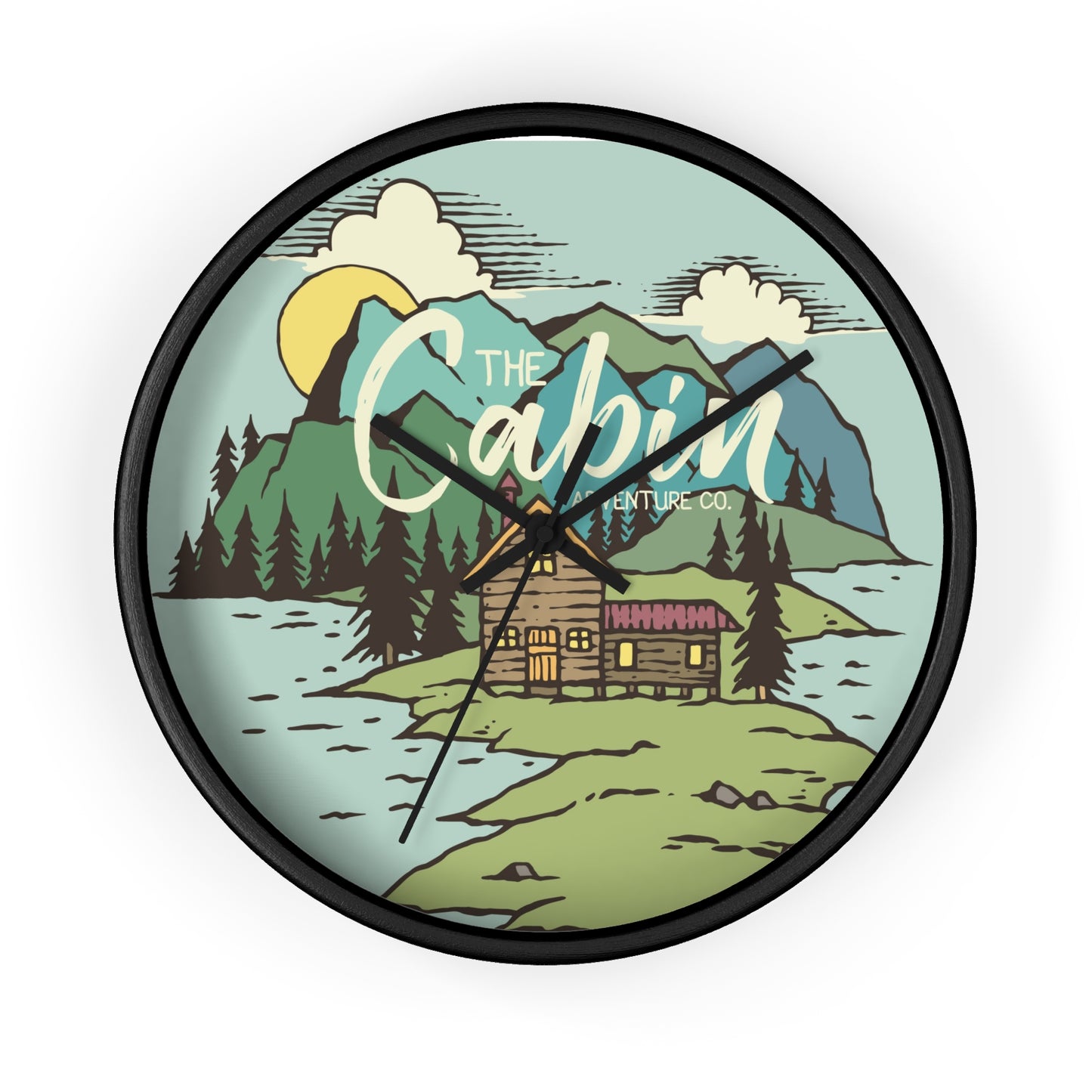 Cabin by the Lake Wall Clock - Cozy Nature Home Decor with Calm Mountain Illustration