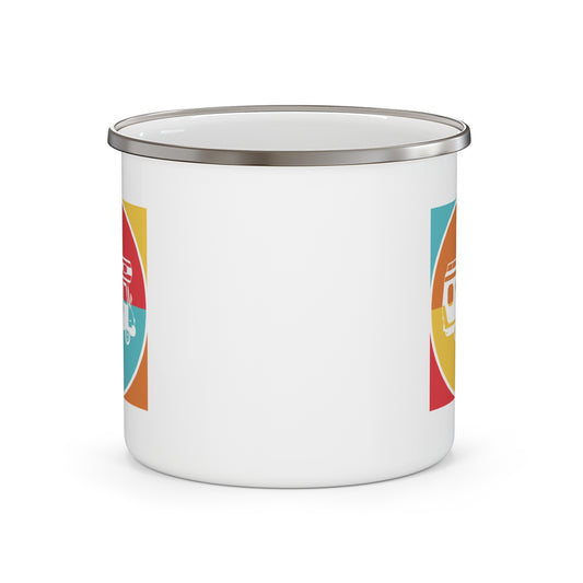 Retro Van Enamel Camping Mug with Minimal Road Trip Design