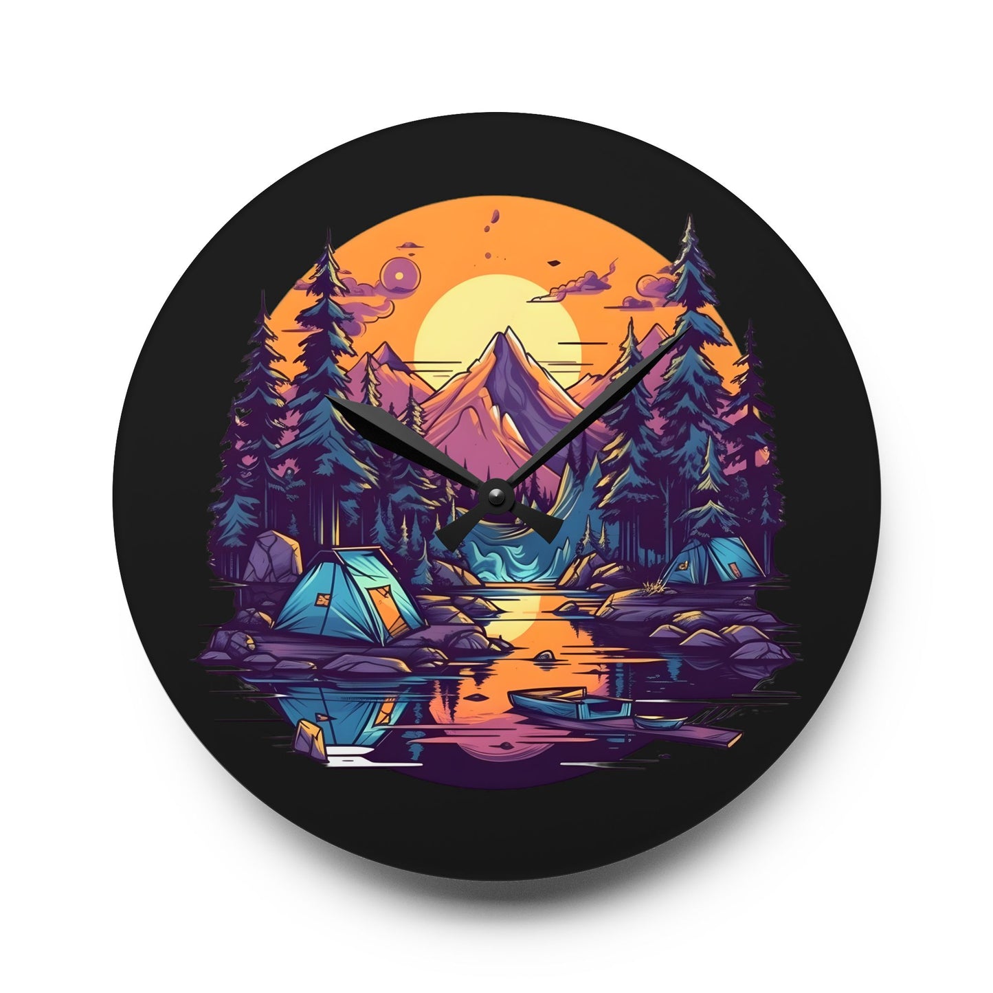 Mountain Lake Camping Acrylic Wall Clock - Modern Nature Home Decor with Scenic Outdoor Art