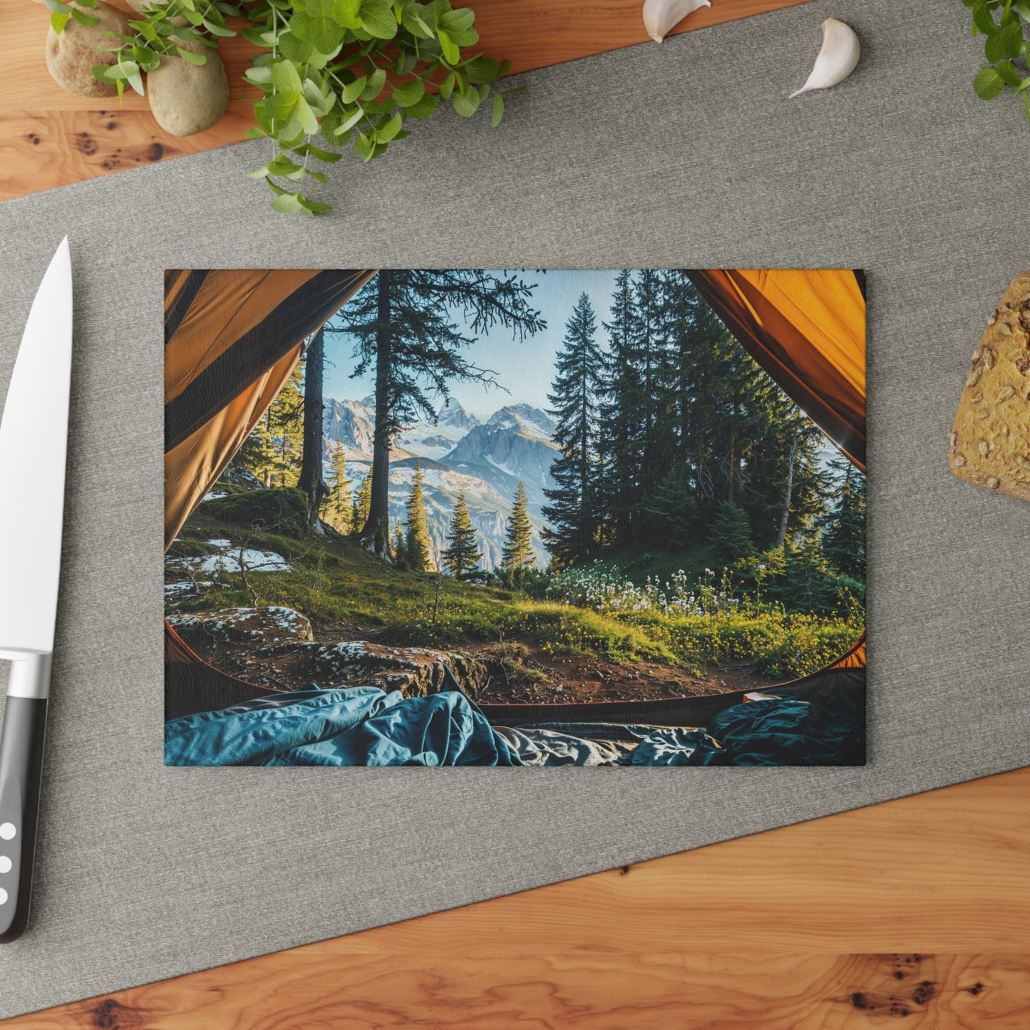 Mountain Morning View Glass Cutting Board with Forest Camping Scene