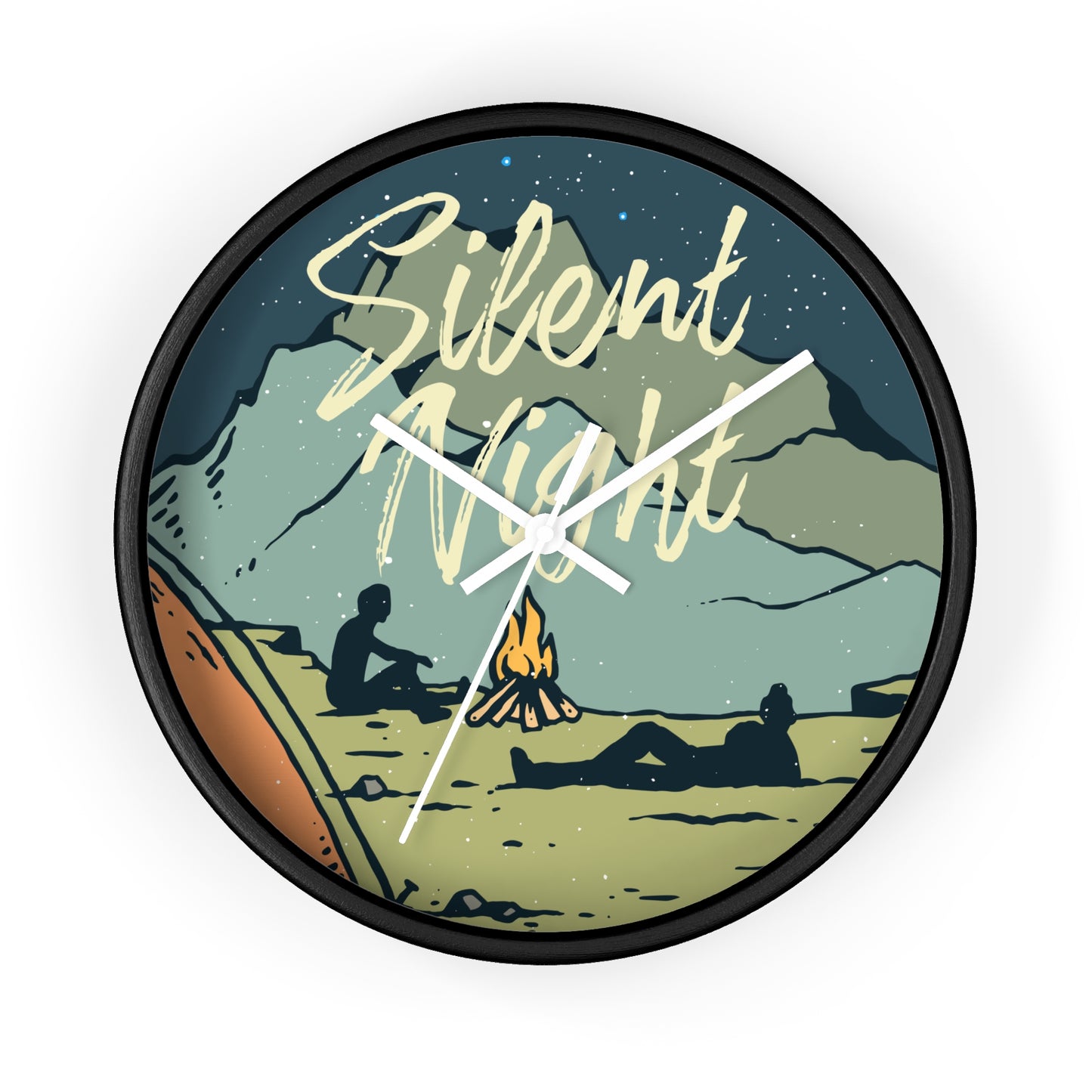 Silent Night Wall Clock - Cozy Nature Home Decor with Campfire and Mountain Scene