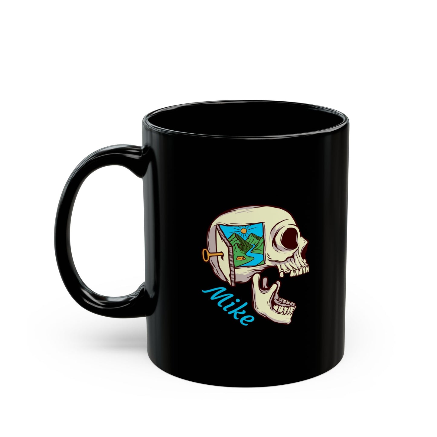 Personalized Skull Nature Black Mug - Custom Name Adventure Coffee Mug with Mountain Landscape Illustration