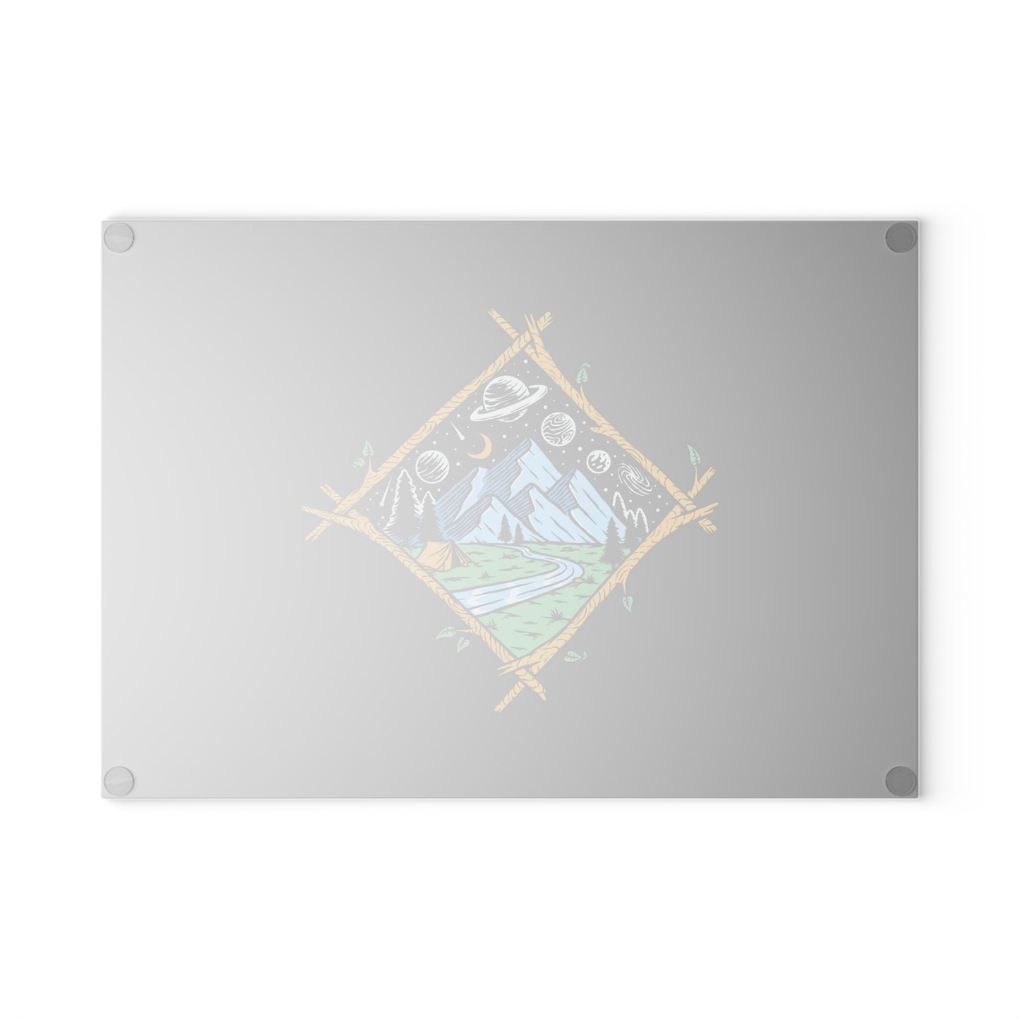 Cosmic Mountain Frame Glass Cutting Board with Camping Night Illustration