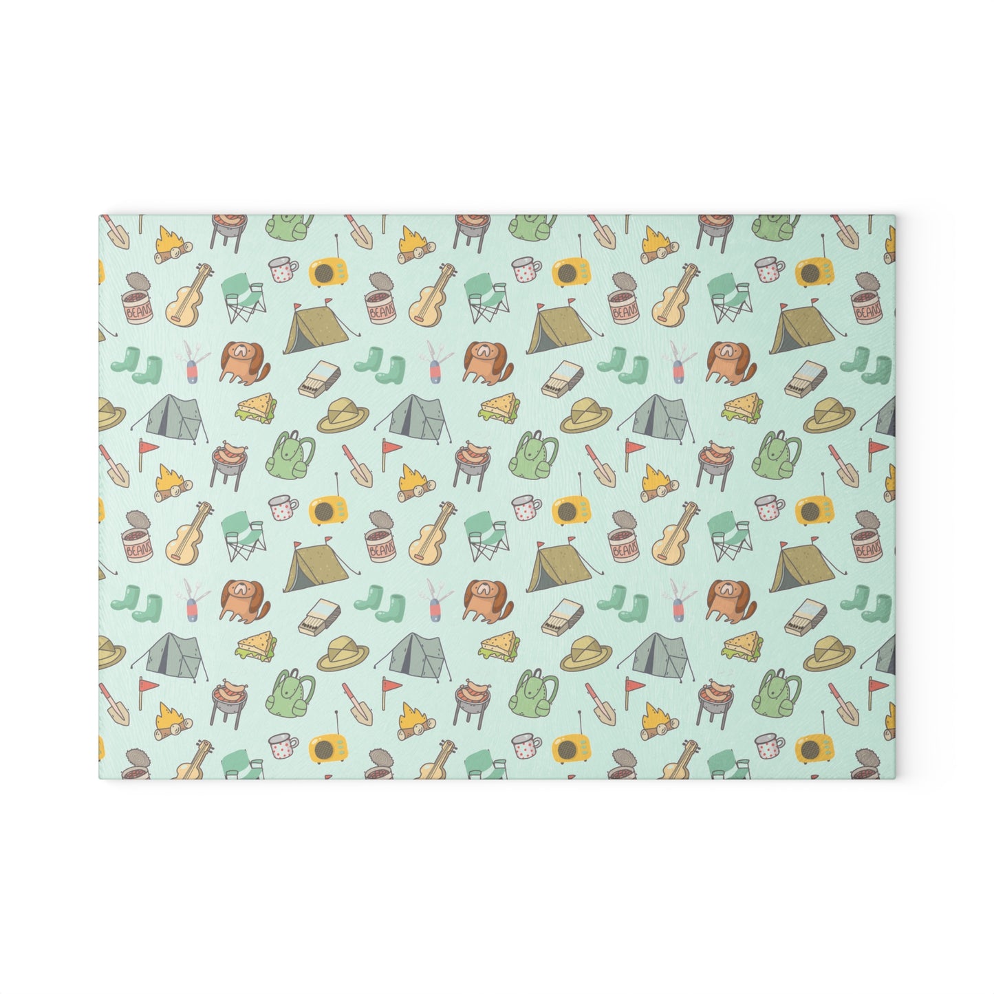 Camping Essentials Pattern Glass Cutting Board - Outdoor Kitchen Board for Campers & Adventure Lovers