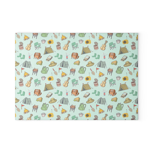 Camping Essentials Pattern Glass Cutting Board - Outdoor Kitchen Board for Campers & Adventure Lovers