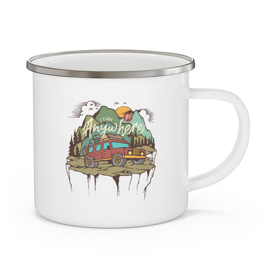 I Can Anywhere Enamel Camping Mug with Van and Mountain Adventure Design
