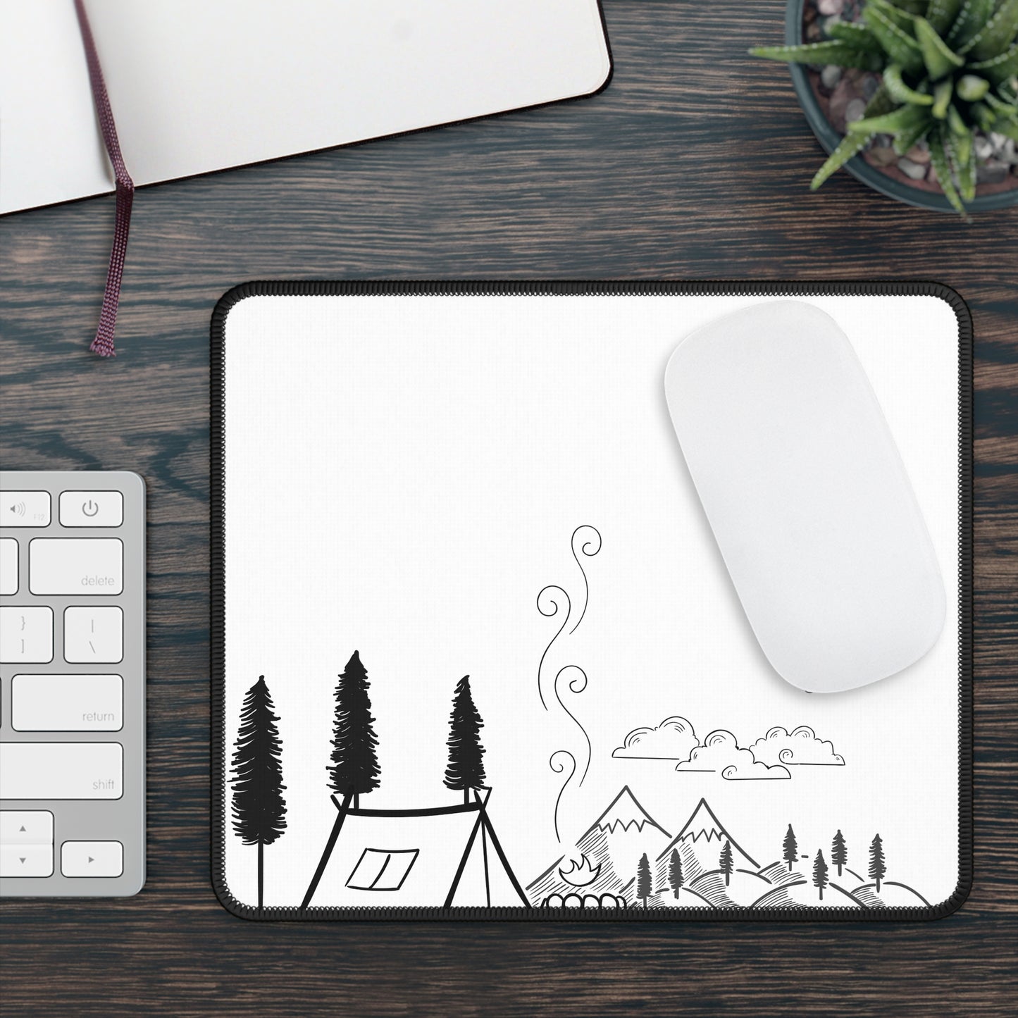 Minimal Camping Line Art Mouse Pad - Cozy Nature Desk Decor with Clean Outdoor Design
