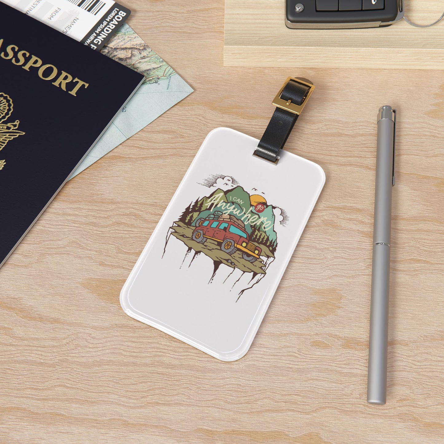 I Can Go Anywhere Luggage Tag with Van and Mountain Adventure Design