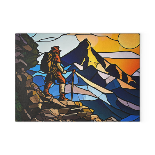 Adventure Hiker Glass Cutting Board - Mountain Explorer Kitchen Board for Outdoor & Travel Lovers