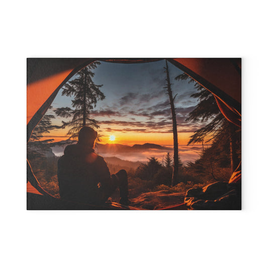 Sunrise Camping View Glass Cutting Board with Mountain Nature Scene