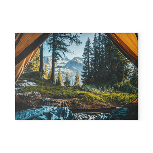 Mountain Morning View Glass Cutting Board with Forest Camping Scene