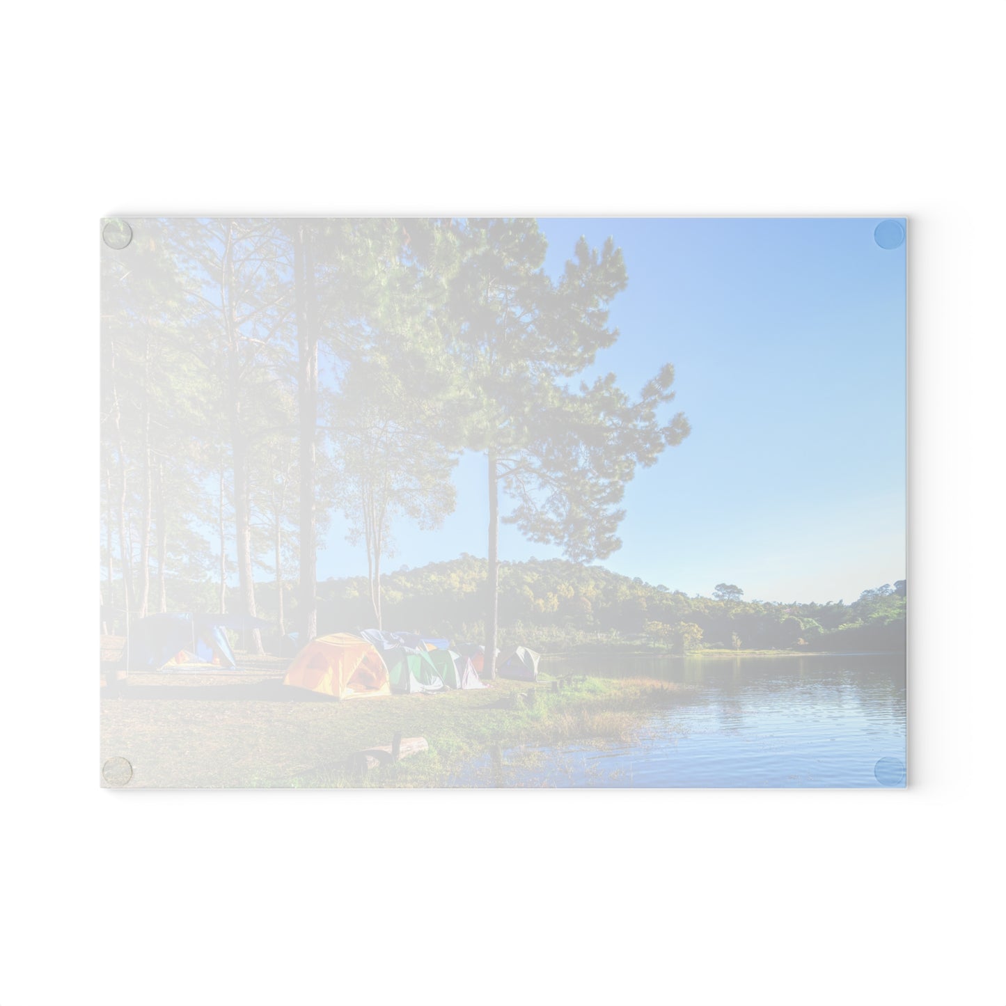 Lakeside Camping Morning Glass Cutting Board with Forest Nature Scene