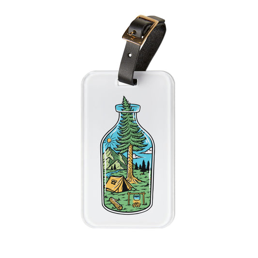 Camping in a Bottle Luggage Tag - Nature Travel Bag Tag with Forest & Tent Illustration for Outdoor Adventures