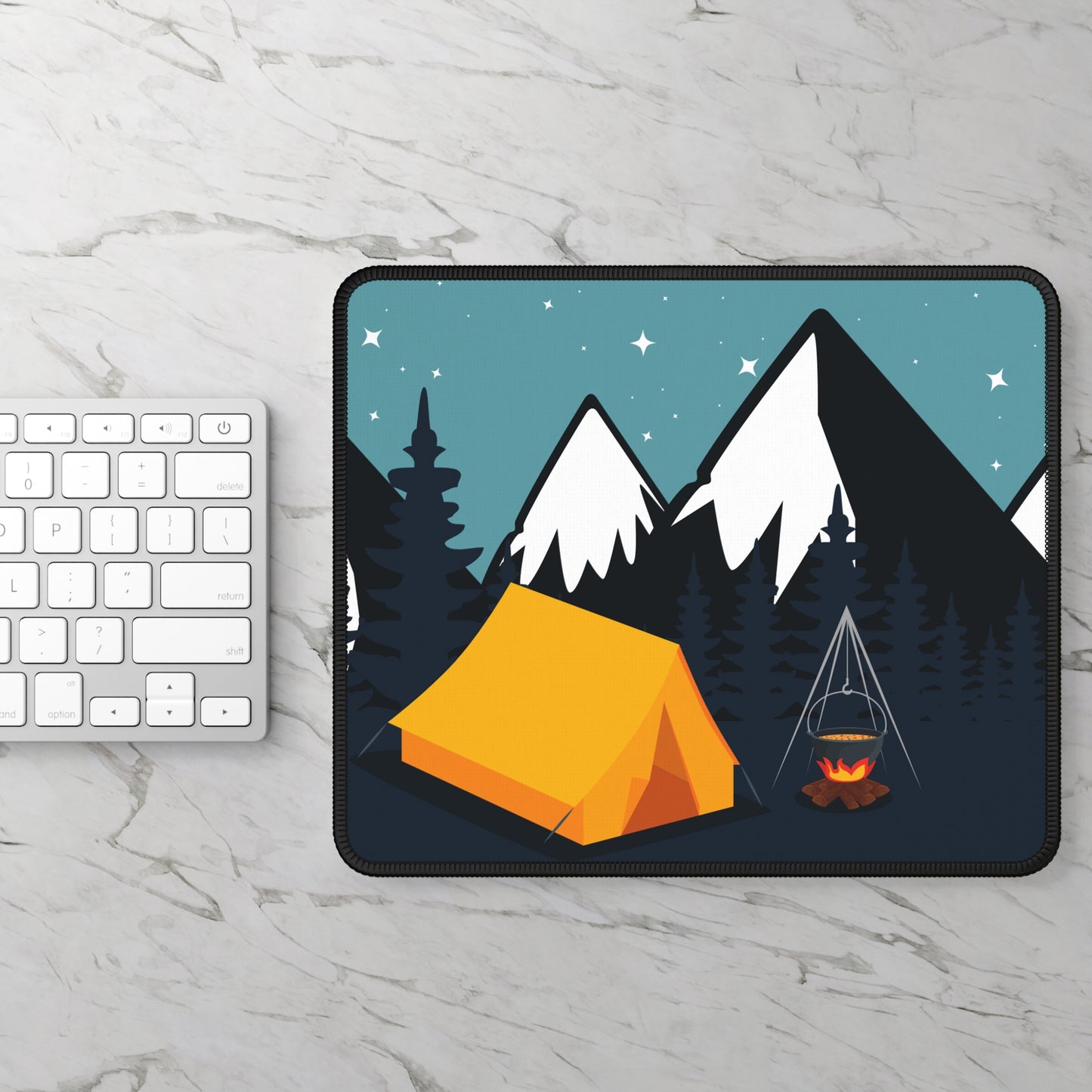 Night Camping Mouse Pad - Cozy Nature Desk Decor with Stars and Mountain Silhouettes