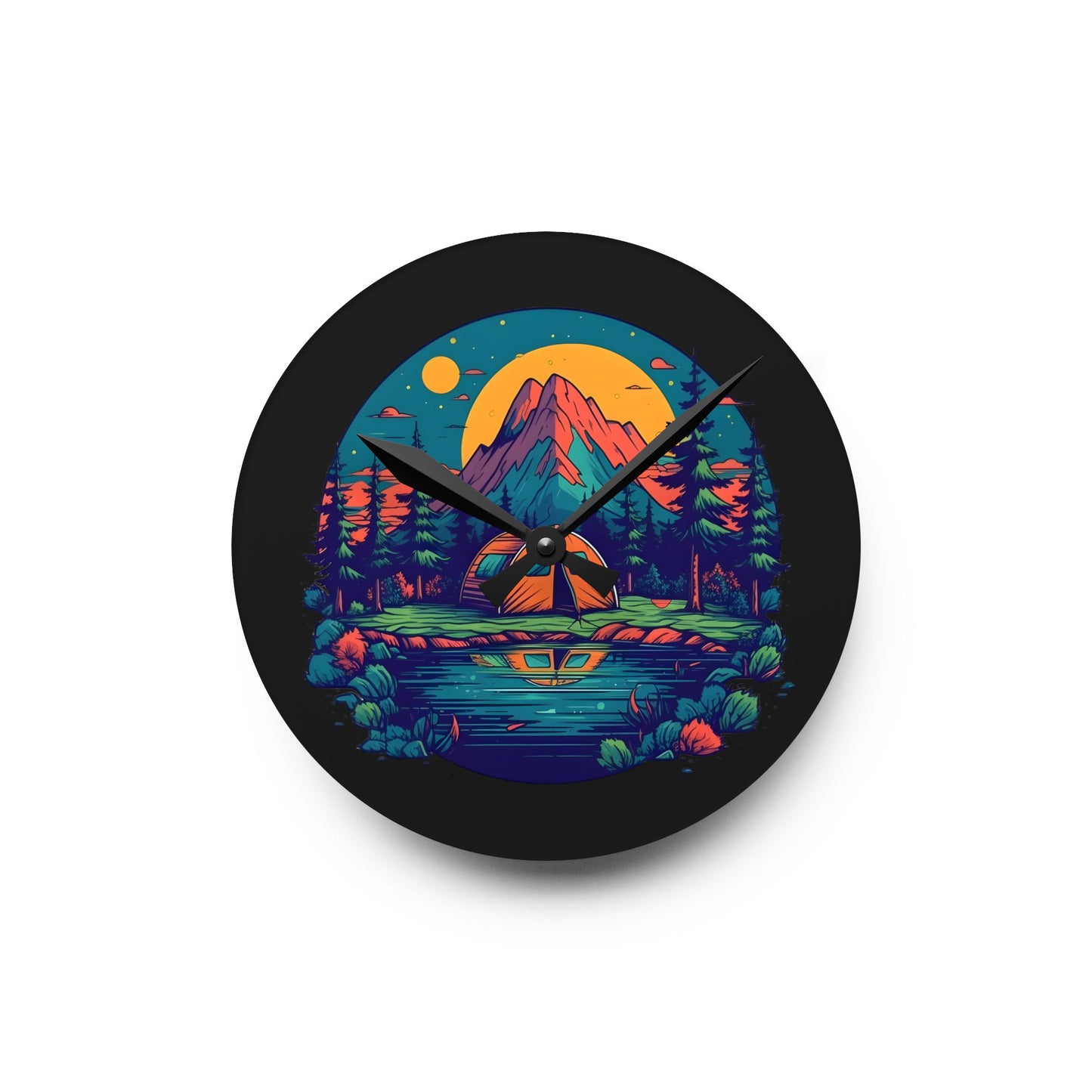 Moonlit Mountain Camping Acrylic Wall Clock - Modern Nature Home Decor with Lake Scene